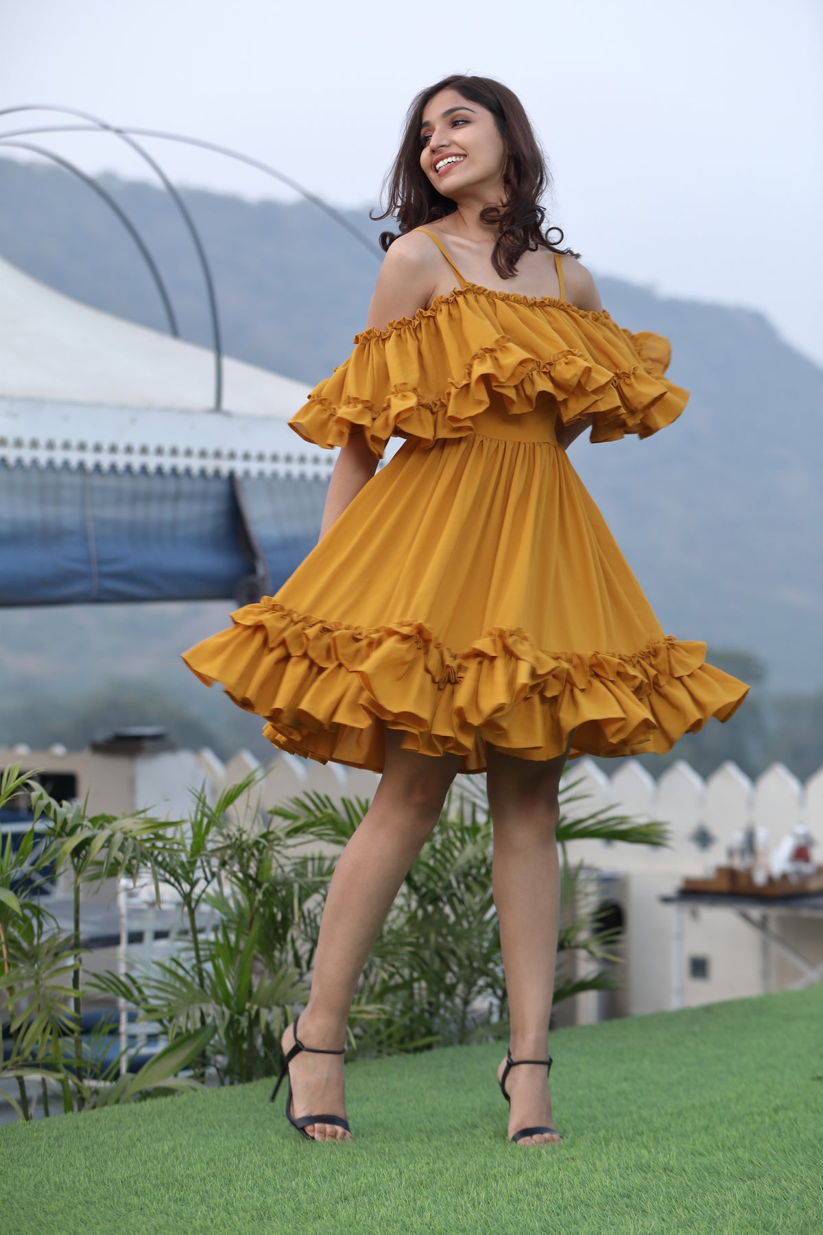 Short yellow layered ruffle dress ...